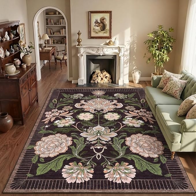GarveeHome Plum Pink Floral Christmas Washable 5x7 Rug for Living Room, Black Purple Vintage Boho Cottage Throw Rugs Low Pile Carpet for Bedroom Dining Nursery Rug