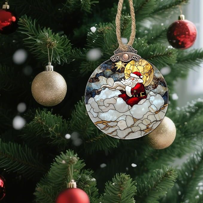 DASTOLL Stained Glass Christmas Decorations, Golden Moon Santa Claus Cloud Suncatcher for Window Christmas Tree Hanging Ornaments Sun Catcher Xmas Decor Gifts for Women Men Mom Nana Friend