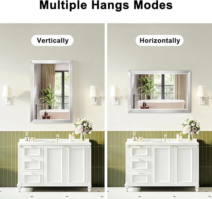 Bathroom Mirror for Over Sink,22x30Inch Silver Thick Anti-Rust Metal Frame, Rectangle Decorative Wall Mirror with HD Tempered Glass, Horizontal or Vertical Mount for Vanity, Bathroom,Living Room