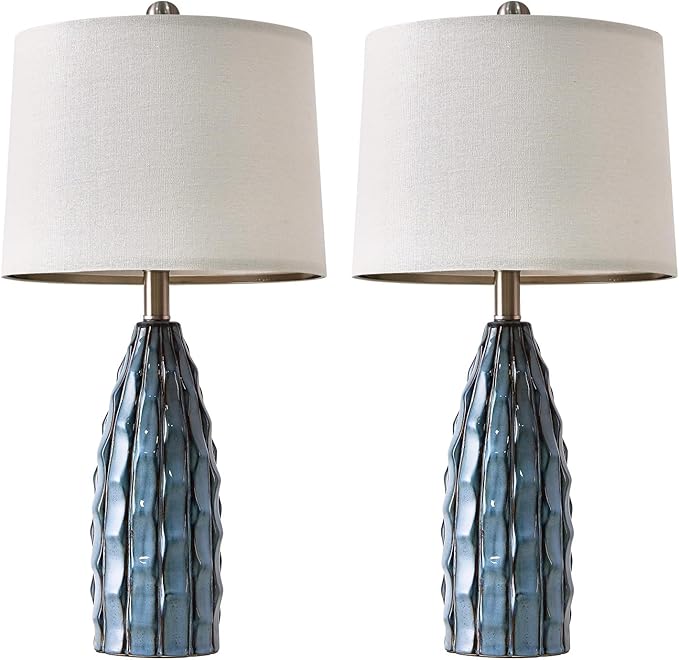 USumkky Ceramic Table Lamps Set of 2, 23.75" Modern Farmhouse Bedside Lamp - Blue Nightstand Lamps for Bedroom, Boho Living Room End Tables, Small Office Desk Lamp Decor