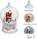 Christmas Snow Globes Musical,6H Timer Cylinder Glitter Snow Globe,White Snow Globes Christmas with Music Box Including 8 Songs, Battery Or USB Cable Powered