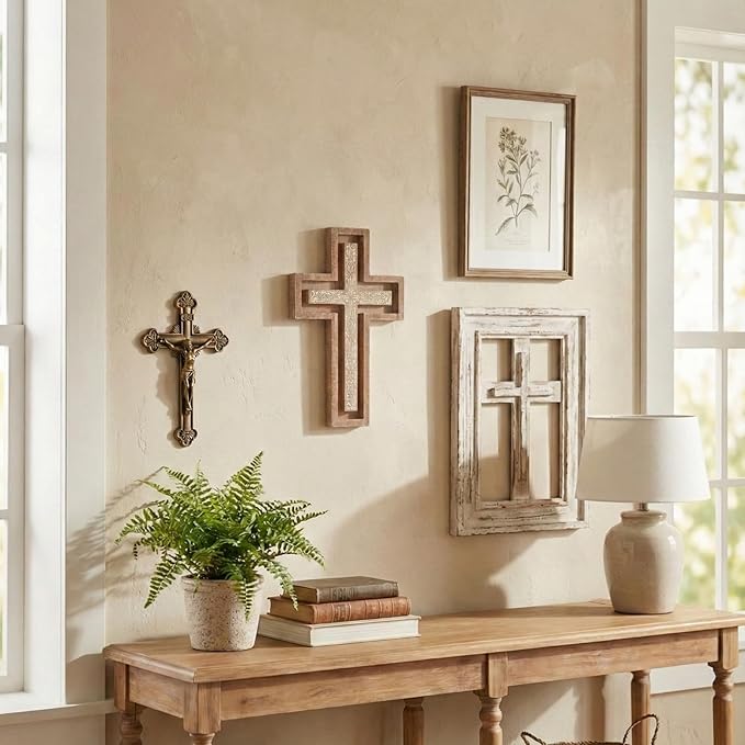 TRENDIN Wall Cross for Home Decor, Rustic Wooden Cross Wall Decor, Decorative Farmhouse Christian Religious Crucifix Art for Living Room Housewarming Gift