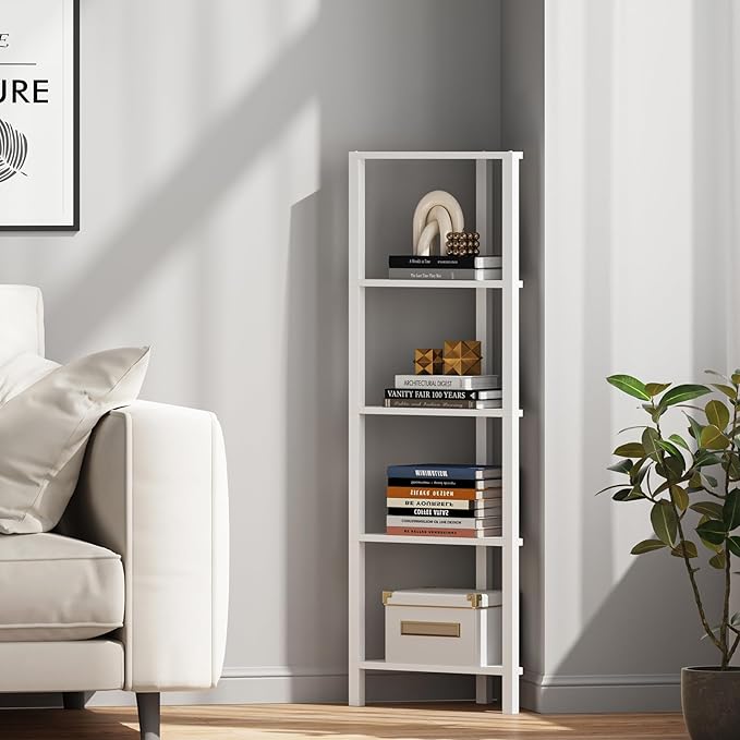 TUTOTAK Corner Shelf, 5-Tier Corner Bookshelf for Small Space, Narrow Display Corner Shelf Stand with Storage Rack, for Living Room, Bedroom, White BS05BW005
