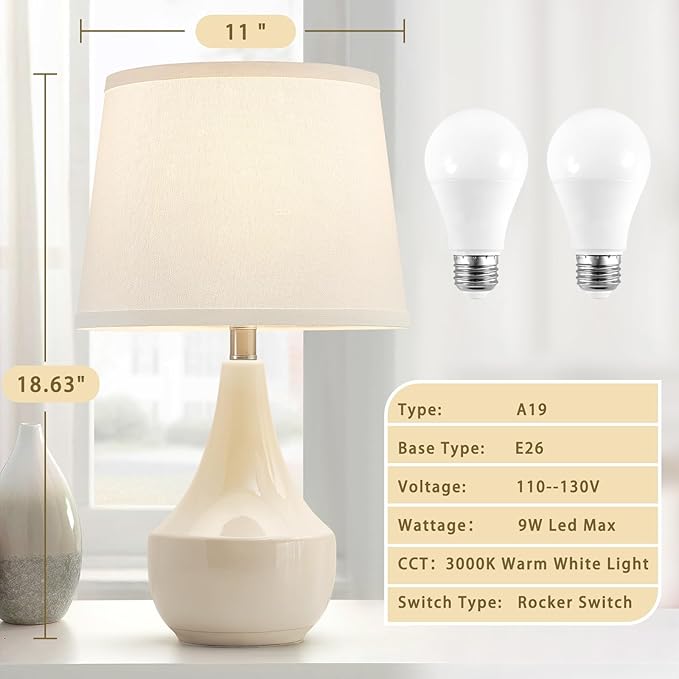GyroVu 18" Table Lamp Set of 2, Ceramic Table Lamp Classic Beside Lamps Nightstand Lamp Modern Lamp for Living Room, Bedroom & Office Rocker Swtich Cream-LED Bulbs Included