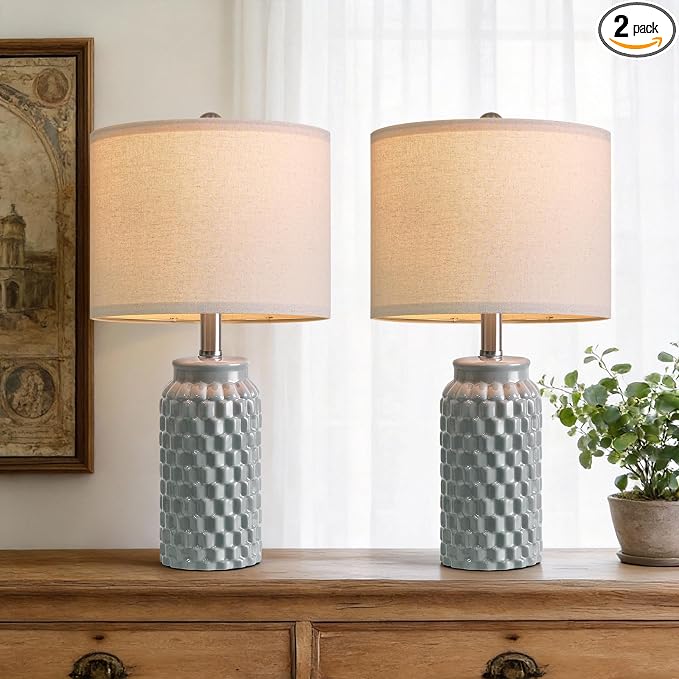 USumkky 20.5" Ceramic Table Lamps Set of 2, Modern Farmhouse Boho Bedside Lamps for Bedroom, Nightstand Lamps for Living Room End Tables, Small Desk Lamps, Grey