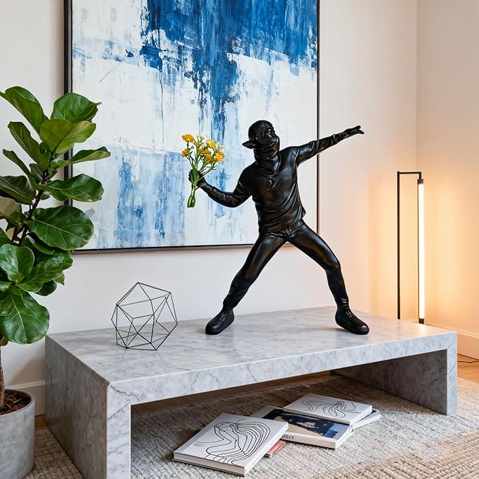 Banksy Street Graffiti Art Statue,Throwing Flower Boy Figurine,Resin Statue Ornaments,Living Room Dining Desk Decorations,Bookshelf Decorative Objects,Modern Home Decor(8.6"/Black)