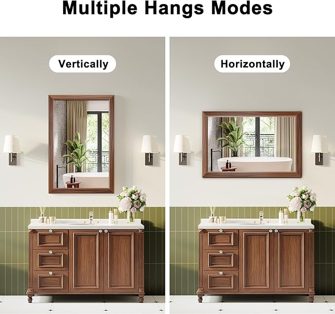 Bathroom Mirror for Over Sink,24x36Inch Thick Anti-Rust Wood Grain Metal Frame, Rectangle Decorative Wall Mirror with HD Tempered Glass, Horizontal or Vertical Mount for Vanity, Bathroom,Living Room