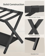 SONGMICS Bamboo Luggage Rack for Guest Room, Set of 2, Folding Suitcase Stand with Fabric Storage Shelf, for Hotel, Bedroom, Heavy-Duty, Holds up to 131 lb, Ink Black URLR007B02
