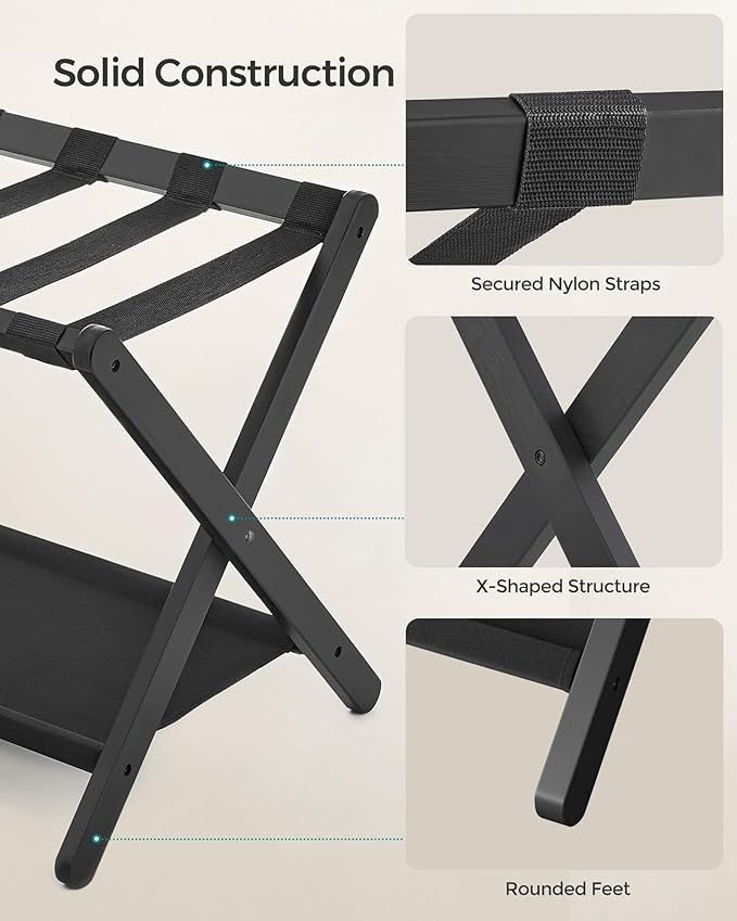 SONGMICS Bamboo Luggage Rack for Guest Room, Set of 2, Folding Suitcase Stand with Fabric Storage Shelf, for Hotel, Bedroom, Heavy-Duty, Holds up to 131 lb, Ink Black URLR007B02