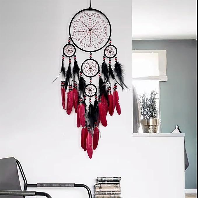 Red and Black Dream Catcher Large Dream Catchers Wall Decor Handmade Feather Dreamcatcher Wall Hanging Ornament for Bedroom Living Room Home Decor