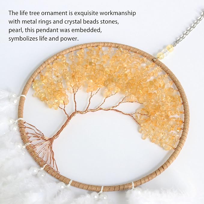 Fairy Gold Citrine Tree of Life Dream Catcher Wall Decor with Healing Crystal Stone Handmade Feather Dream Catchers Decoration Wall Hanging Ornaments for Bedroom Wedding Party Home Decor-25.6"