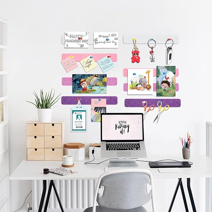8 Packs Felt Pin Board Bar Strips Bulletin Board for Bedrooms Offices Home Wall Decoration, Notice Board Self Adhesive Cork Board with 50 Push Pins for Paste Notes, Photos, Schedules