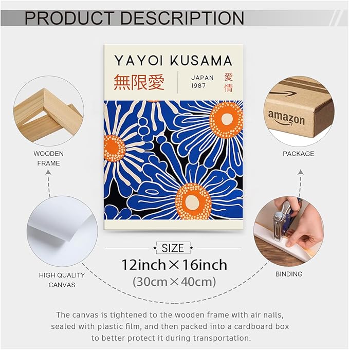 Yayoi Kusama Print Vintage Japanese Wall Art Abstract Yayoi Kusama Poster Minimalist Painting Art Exhibition Suitable for Japanese Bedroom,Living Room Office Decor 12x16in Framed
