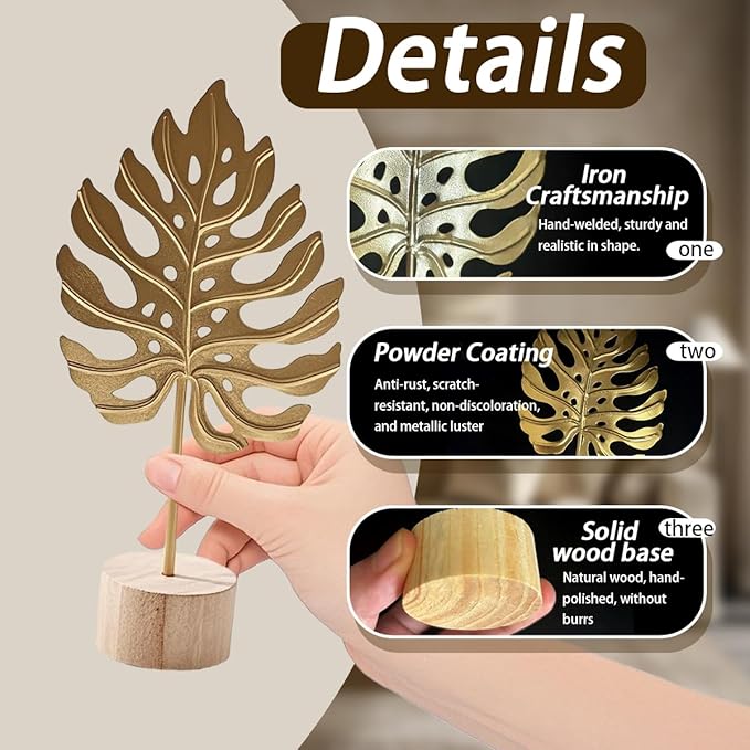 Gold Leaf Home Decor Set - Metal Leaves Statues, Modern Artistic Sculptures for Living Room, Office, Shelf & Home Decorative, Handmade 3D Botanical Accents (Sunshine, Feather, Ginkgo, 3PCS)