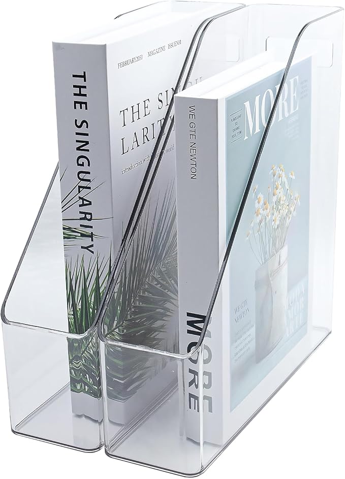Magazine Holder, 2 Pack Acrylic Magazine File Holder,A4 Vertical File Organizer with Handle for Desk,Clear Document Rack File Folder Storage Bin