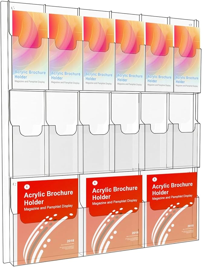 Acrylic Brochure Holder Wall Mount, Magazine and Pamphlet Display, Clear Literature Organizer Rack for 12 Pamphlets and 3 Magazines, Flyer Pamphlet Holder with Business Card Holders and Index Tabs