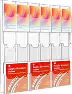 Acrylic Brochure Holder Wall Mount, Magazine and Pamphlet Display, Clear Literature Organizer Rack for 12 Pamphlets and 3 Magazines, Flyer Pamphlet Holder with Business Card Holders and Index Tabs