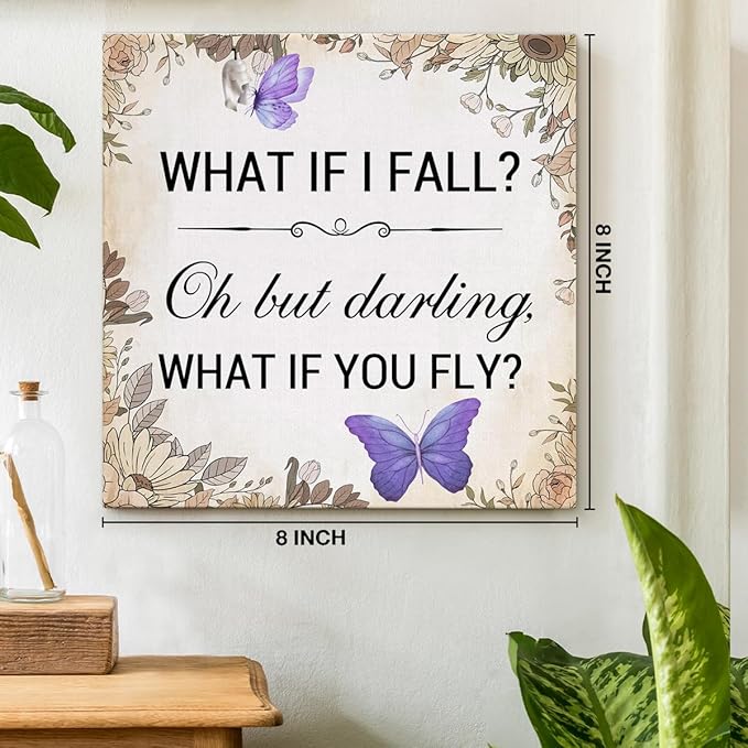 Inspirational Purple Butterfly Wall Art Decor, What If You Fly Motivational Quote Canvas Painting Artwork Picture Posters for Teens Room Bedroom Office (8 X 8 Inches, Framed)
