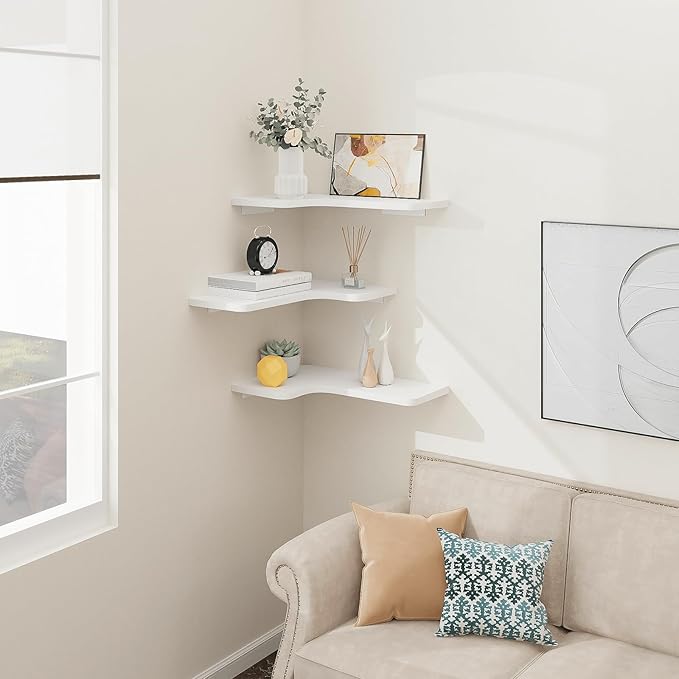 Homode Corner Floating Shelves, Set of 3 Corner Wall Shelves with Wire Hole, L-Shaped Wood Hanging Storage Shelf for Wall Decor, for Bathroom Kitchen Bedroom, White