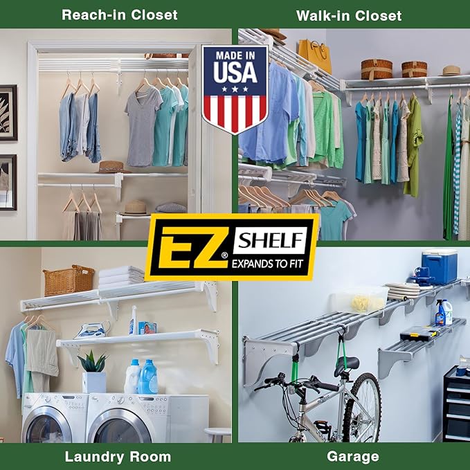 EZ SHELF - Hanging Shelf - Closet Rod - Expands 63.3-118” - White, Closet Shelves - Strong, Holds 200 lbs - DIY, Easy Install - to 2 Side Walls - Alternative to Wire Shelving