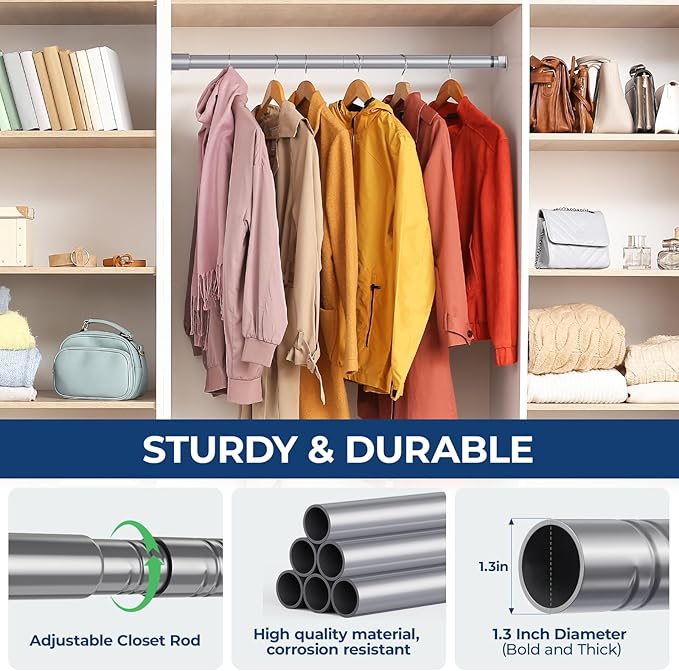 Mavivegue Closet Rod, 17 to 28 Inch Adjustable Closet Rods for Hanging Clothes, Silver Hanging Rod for Closet Wardrobes Laundry RV, Bathroom