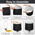 Lampshades Set of 2, Black Fabric Lamp Shades 11.6" Top x 12.6" Bottom x 9.8" High Drum Lampshades for Table Lamps, Floor Lamps, Pendant Light, E26 Base Harp Holders Included