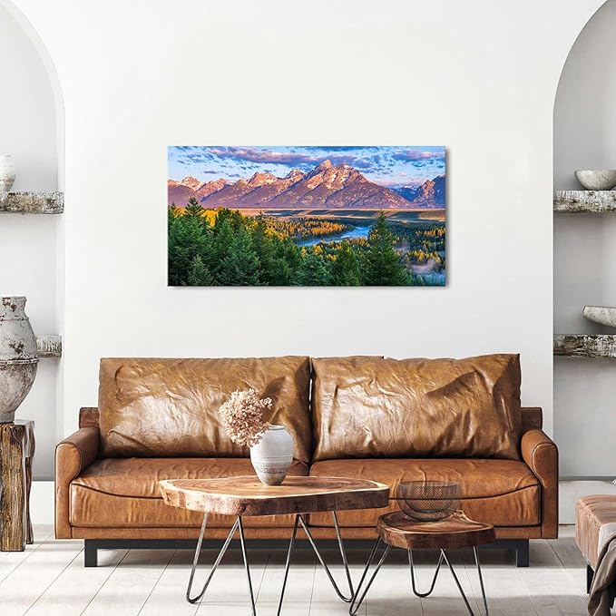 AIYISU Grand Teton Mountain Wall Art Sunset Nature National Park Posters Oxbow Bend Snake River Landscape Wall Decor Wyoming Scenery Painting Artwork for Living Room Office Home Decoration 20x40