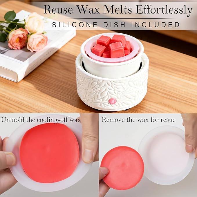 Ceramic Wax Melt Warmer with Timer & Silicone Liner, 3-in-1 Electric Scented Wax Burner for Home Aromatherapy, Fast Melting Fragrance Warmer for Essential Oils & Jar Candles Flame for Women