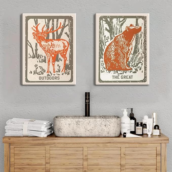 Framed Forest Deer Bear Canvas Wall Art Set of 2, Nursery Wildlife Animal Pictures Wall Decor, Outdoor Nature Woodland Hunting Paintings Prints Farmhouse Home Decor for Kid's Room Bedroom 12x16 inch