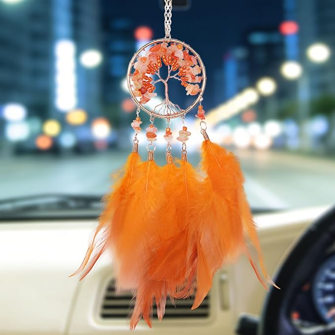 Pretty Jolly Small Tree of Life Crystal Stone Dream Catchers Orange Feathers Mini Dreamcatchers for Cars Rear View Mirror Hanging Decoration Good Luck Travel Charm Bedroom Ornaments for Women Girls