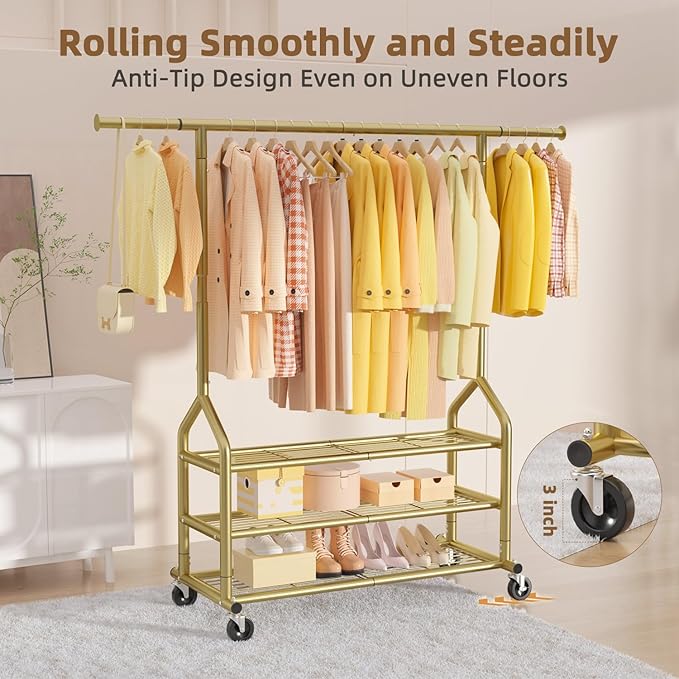 EAGMAK Heavy Duty Clothes Rack Load 688 LBS, Rolling Clothing Rack With 3 Shelves, Adjustable Metal Clothes Hanger with Wheels Portable Wardrobe Organizer Garment Rod for Hanging Clothes (Gold)