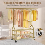 EAGMAK Heavy Duty Clothes Rack Load 688 LBS, Rolling Clothing Rack With 3 Shelves, Adjustable Metal Clothes Hanger with Wheels Portable Wardrobe Organizer Garment Rod for Hanging Clothes (Gold)