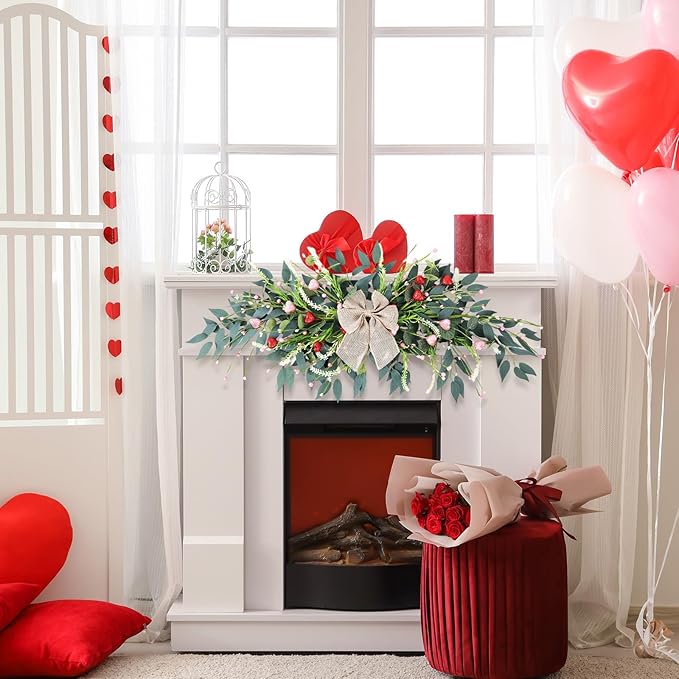 22'' Valentines Wreaths for Front Door Valentines Teardrop Swag Pink and Red Hearts for Valentine's Day Anniversary Wedding Decor Eucalyptus Wreath