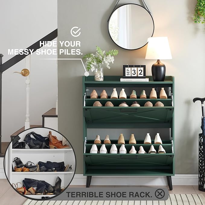 Shoe Storage Cabinet,Farmhouse Shoe Organizer with 2 Flip Drawers & Barn Door Design,Freestanding Hidden Slim Narrow Shoe Rack Cabinet for Entryway,Foyer,Hallway,Green
