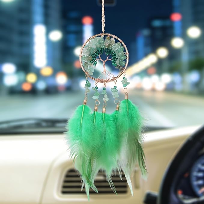 Pretty Jolly Small Tree of Life Crystal Stone Dream Catchers Green Feathers Mini Dreamcatchers for Cars Rear View Mirror Hanging Decoration Good Luck Travel Charm Bedroom Ornaments for Women Girls