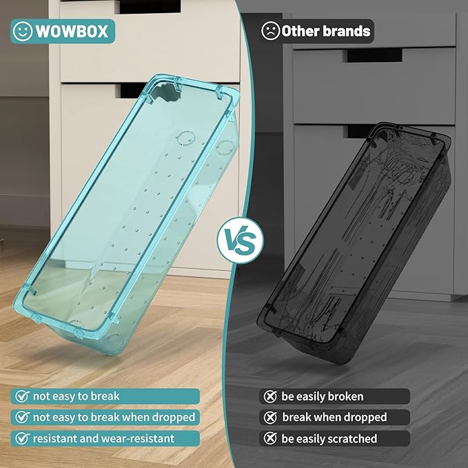 WOWBOX 24 PCS Plastic Drawer Organizer Set, 4 Sizes Desk Drawer Organization and Storage Containers for Makeup, Cosmetics, Jewelry and Gadgets in Kitchen, Bathroom, Bedroom, Office, Clear Sea Blue