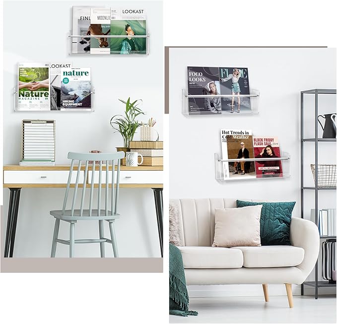 Clear Acrylic Wall Magazine Holder & Brochure Holder, Nursery Book Shelves for School Kids Room Waiting Room Living Room Office Home Display Decor (2 Pack 17 Inch)