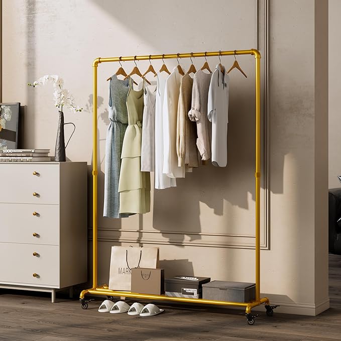 Gold pipe clothing rack with Bottom Shelf,rolling clothes rack heavy duty,garment racks for hanging clothes,Hanging Rack Closet Organizer for Bedroom,Retail (gold)