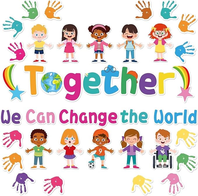 Together We Can Change The World Classroom Bulletin Board Set Decorations Back to School Bulletin Board Hands with Hearts Diverse Children Cutouts for Kids and Teacher Classroom School Supplies Decor