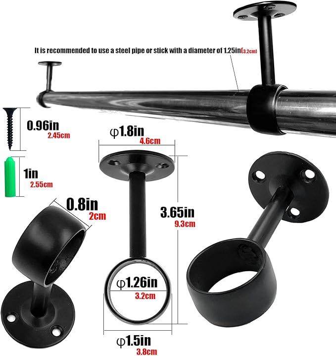 1-1/4 Inch 4 Packs Black Heavy Duty Stainless Steel Closet Rod End Supports Closet Pole Sockets Curtain Rod Brackets， Closet Rod Brackets (Qualcomm Flange)