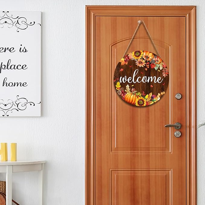 Fall Pumpkin Sunflower Front Door Welcome Hanger 12"x12" - Autumn Thanksgiving Farmhouse Decorations - Rustic Outdoor Hanging Plaque Wall Art for Home Porch