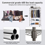 Heavy Duty Clothes Rack, Adjustable Rolling Garment Rack with Shelves, Freestanding Wardrobe Rack 1 Clothes Hanging Bar, 3 tired Wire Shelving, 4 Hanger Hooks - Hold Up to 400Lbs (Gray, 1Rod 4Hook)