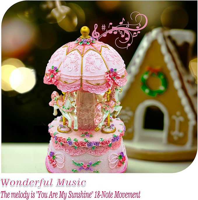Carousel Music Box，Luxury Color Change LED Light Music Box,Luminous Rotating 3-Horse Musical Box with Gift Box for Girls Birthday Valentine Gift (You are My Sunshine, Pink)