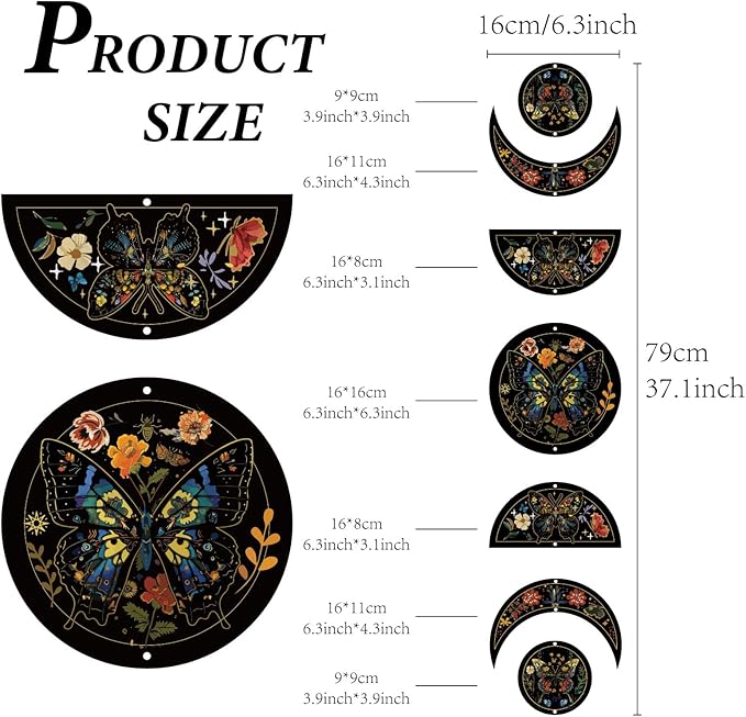 CREATCABIN 7Pcs Butterfly Flower Moon Ornaments Half Round Wood Pendant Moon Cycle Wall Hanging Wooden Moon Phase Home Boho Decor Supplies for Bedroom Farmhouse Gallery Apartment Bar 37.1x6.3in