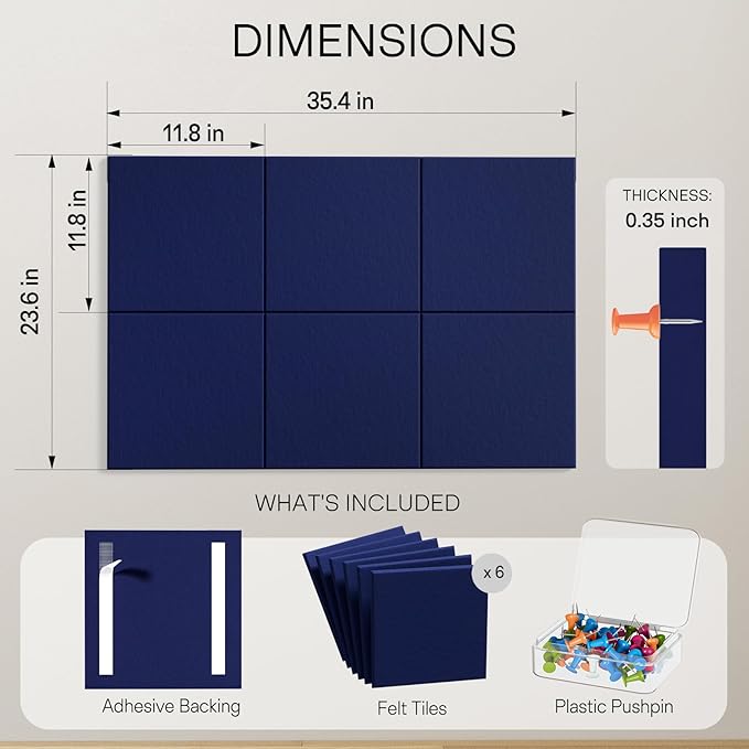 MaxGear Large Cork Board for Wall 36" x 24", Dark Blue Bulletin Board, 6 Pack Felt Wall Tiles with Pushpins, Cork Boards for Office Pin Board Tack Board Cork Boards