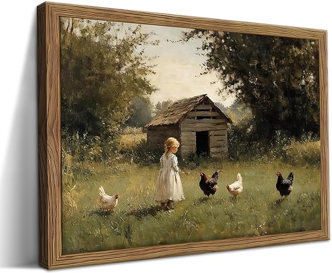 Vintage Country Framed Wall Art, Little Girl and Chick Canvas Prints, Rustic Landscape Picture Painting, Pastoral Farmhouse Wall Decor for Living Room Bedroom – Dark Wooden Frame 8x10in