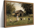 Vintage Country Framed Wall Art, Little Girl and Chick Canvas Prints, Rustic Landscape Picture Painting, Pastoral Farmhouse Wall Decor for Living Room Bedroom – Dark Wooden Frame 12x16in