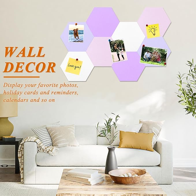 8 Pcs Hexagon Felt Cork Bulletin Board Tiles, Self Adhesive DIY Bulletin Board Pin Board for Office School Home Wall Decor Memos Photos Display(Purple & Pink)
