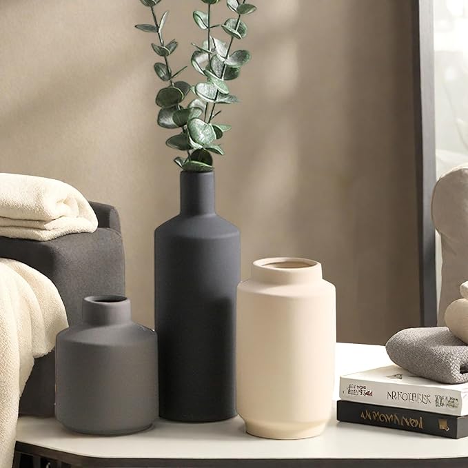 Textured Ceramic Vase Set of 3, Neutral Modern Farmhouse Decor for Pampas Grass Dried Flowers, Neutral Beige & Gray Pottery Vases for Living Room, Mantel, Shelf, Bedroom, Bathroom