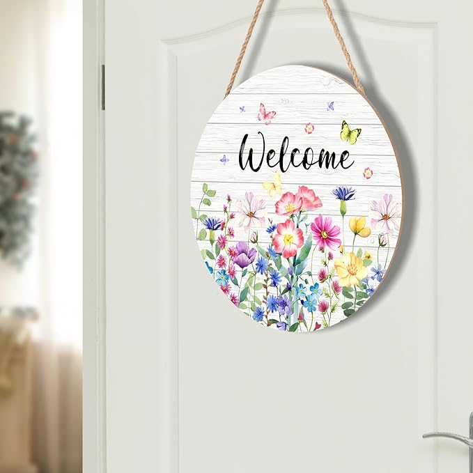 Summer Wildflowers Welcome Sign for Front Door Spring Summer Decorations Welcome Door Hanger Sign Floral Butterfly Wooden Wreath Seasonal Farmhouse Wreaths for Wall Front Door Porch 12"x12"